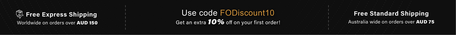 Promotional text for free express shipping, use code FODdiscount10, and free standard shipping on a black background.