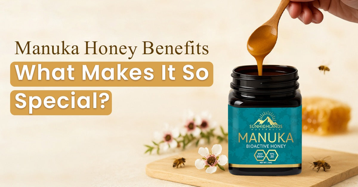 Sunhighlands Manuka honey jar with spoon, manuka flowers, and honeycomb, showcasing natural manuka honey benefits and purity.