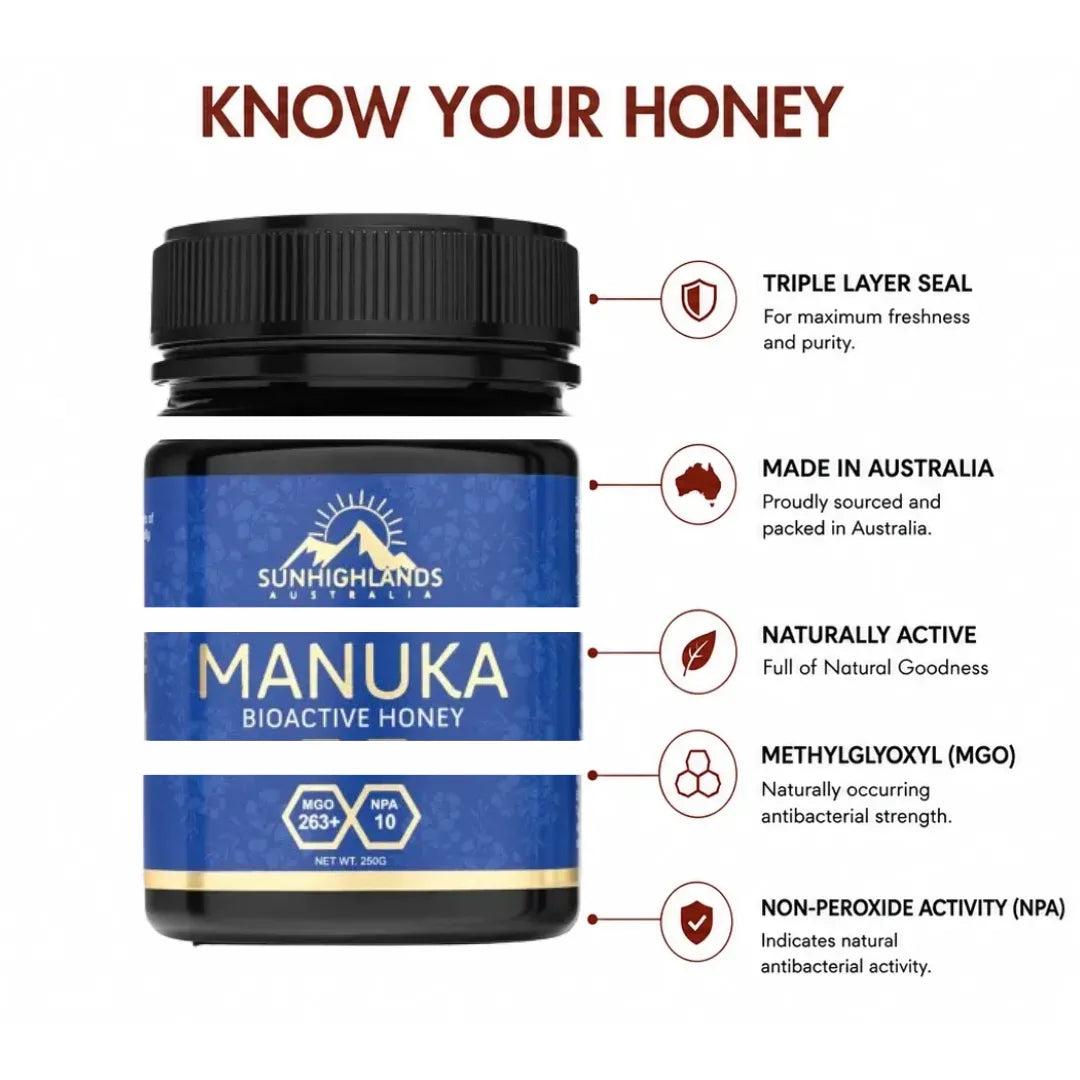 Manuka Honey MGO 263+ (EQV  UMF 10+) | 3 Jars of 250g | Prime Bundle